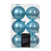 Decoris kerstballen - 12x - kunststof - ijsblauw - 8 cm