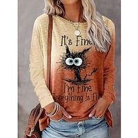 Dames Grote maten T-shirt I'm Fine Kat Afdrukken Casual Weekend Tekenfilm Grappig Lange mouw Ronde hals Kastanjebruin Herfst winter Lightinthebox