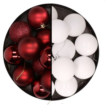 24x stuks kunststof kerstballen mix van donkerrood en wit 6 cm 24x stuks kunststof kerstballen mix van donkerrood en wit 6 cm