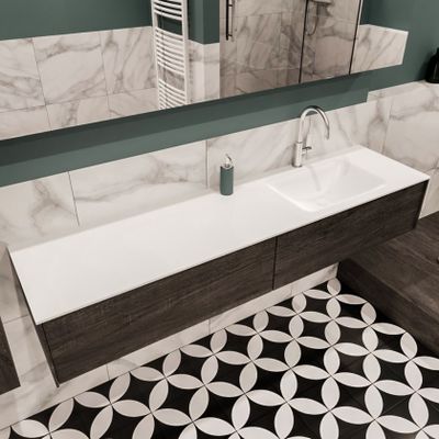 Mondiaz Lush Cloud badmeubel eiken Dark brown 180 cm 2 lades solid surface enkele spoelbak rechts 1 kraangat