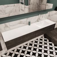 Mondiaz Lush Cloud badmeubel eiken donker bruin 180 cm 2 lades solid surface enkele spoelbak rechts 1 kraangat