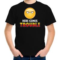 Funny emoticon t-shirt Here comes trouble zwart kids XL (158-164)  -