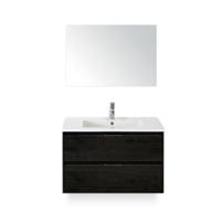 Porto Badmeubelset 90 cm - Black Oak - Keramische Wastafel Wit Slim - met Spiegel