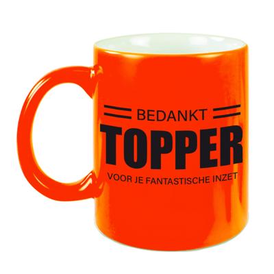 Collega cadeau koffiemok - beker - Bedankt Topper - voor je fantastische inzet - neon oranje