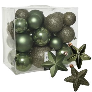 Pakket 32x stuks kunststof kerstballen en sterren ornamenten mosgroen