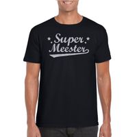 Super meester cadeau t-shirt met zilveren glitters op zwart voor heren