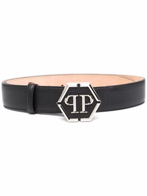Philipp Plein ceinture en cuir à plaque logo - Noir