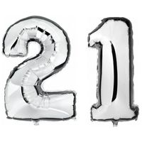 21 jaar zilveren folie ballonnen 88 cm leeftijd/cijfer - thumbnail