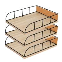 Brievenbakje/documenten opbergbak - 3x - zwart/beige - metaal/hout - L24 x B32 x H7 cm - thumbnail