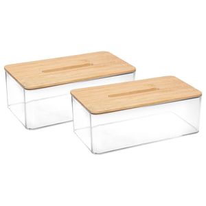 Tissuebox/tissuedoos - 2x stuks - transparant/lichtbruin - 25 x 9 x 13 cm - bamboe/kunststof