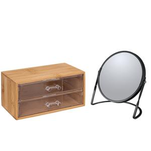 Make-up organizer en spiegel set - 2 lades - bamboe/kunststof - 5x zoom spiegel