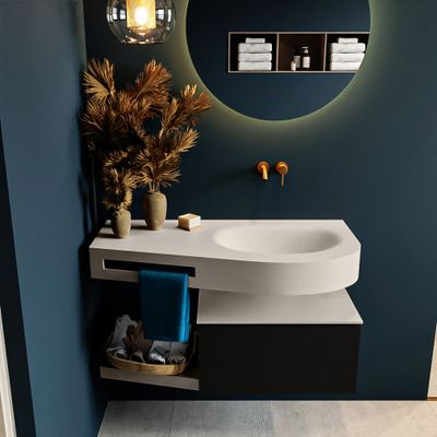 MONDIAZ RIVA 100cm badmeubel onderkast / planchet kleur Urban met 1 lade. Wastafel DULCET rechts 0 kraangaten kleur Linen. MONDIAZ RIVA 100cm badmeubel onderkast / planchet kleur Urban met 1 lade. Wastafel DULCET rechts 0 kraangaten kleur Linen.