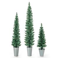 90/120/150cm Kunstkerstboom Set van 3 Slanke Potloodbomen met 120 + 140 + 160 Takpunten en met Cement Gevulde Metalen Voetstukken
