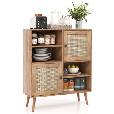 Rieten Buffetkast Boho Bijzetkast met 4 Cubes en 2 Gedecoreerde Rieten Deuren Moderne Midden Eeuw Buffetkast Natuurlijk