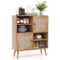 Rieten Buffetkast Boho Bijzetkast met 4 Cubes en 2 Gedecoreerde Rieten Deuren Moderne Midden Eeuw Buffetkast Natuurlijk