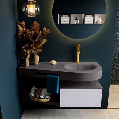 MONDIAZ RIVA 120cm badmeubel onderkast / planchet kleur Cale met 1 lade. Wastafel DULCET rechts 1 kraangat kleur Dark_Grey.