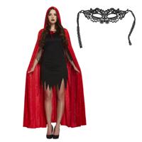 Halloween gemaskerd bal verkleedset - Oogmasker zwart - Lange cape met capuchon rood - volwassenen