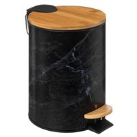 5Five Prullenbak/pedaalemmer Marmer look - zwart - 3 liter - metaal/bamboe - 17 x 25 cm - Pedaalemmers - thumbnail
