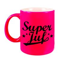 Super juf beker / mok neon roze 330 ml - afscheidscadeau / bedankt cadeau - feest mokken - thumbnail