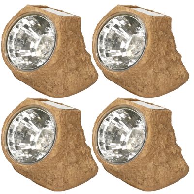 4x Tuinlampje Solar nepsteen bruin - LED licht tuin spotjes - lichtgevende stenen 11 x 12 cm