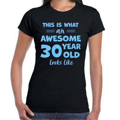 Verkleed T-shirt voor dames - leeftijd 30 jaar - awesome - zwart - glitter blauw - Verjaardagsfeest Verkleed T-shirt voor dames - leeftijd 30 jaar - awesome - zwart - glitter blauw - Verjaardagsfeest