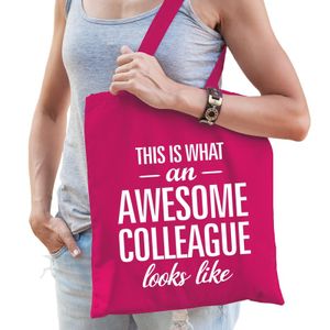 Katoenen cadeau collega tasje awesome collaegue roze