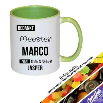 Bedankt Meester mok met naam (groen)