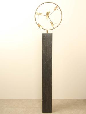 Bronzen sculptuur ring met 5 messing libellen, Ø 32 cm