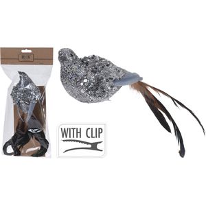 Kerstboomversiering kersthangers 1x zilveren vogels op clip 25 cm