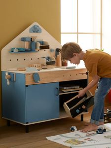 Grote FSC¨ werkbank van hout en metaal blauw