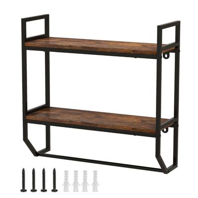 Industrieel Houten Wandrek Zwevend Rek met Stang Rek met Metalen Frame Ideaal voor Woonkamer Keuken en Badkamer