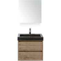 Dante Badmeubelset 60 cm - Natuur Eiken - Wastafel Hardsteen Wit Lucca met Spiegelkast