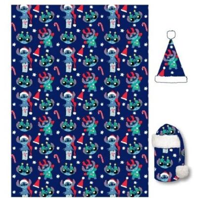 Stitch fleece plaid met kerstmuts 100 x 140 cm - polyester