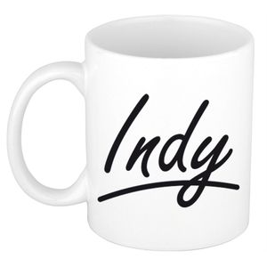 Naam cadeau mok / beker Indy met sierlijke letters 300 ml