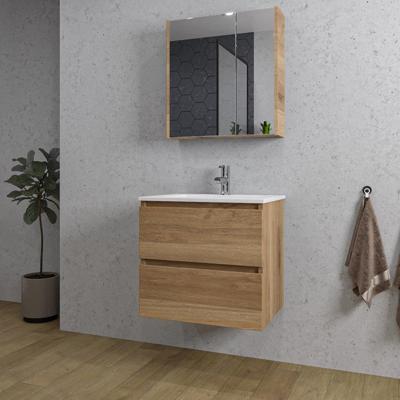 Adema Chaci Badkamermeubelset - 60x46x57cm - 1 keramische wasbak wit - 1 kraangat - 2 lades - Spiegelkast - eiken SW1212815/SW1212759/SW812072/SW804530