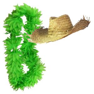 Carnaval verkleedset - Tropical Hawaii party - strohoed - en volle bloemenslinger neon groen