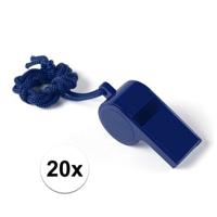 Fluitjes van kunststof - Multipack van 20x stuks - blauw - aan koordje - herrie maken - sport