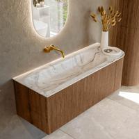 Mondiaz KURVE-DLUX 125 cm Onderkast Greeploos 1 Lade Met Deuren Walnut, Wastafel Solid Surface Links Glace 0 Kraangaten Zonder Spiegel (KRVBGM125R1L1D0KL-Wal/Gla)