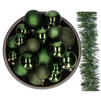 26x stuks kerstballen 6-8-10 cm en slinger - donkergroen - kunststof - Kerstbal