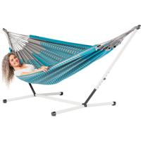 Tweepersoons hangmat met metalen standaard - 350x160cm - BlauwGroen - 160kg draagkracht- 100% katoen - binnen & buiten Tweepersoons hangmat met metalen standaard - 350x160cm - BlauwGroen - 160kg draagkracht- 100% katoen - binnen & buiten