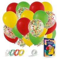 Fissaly® 40 Stuks Rood, Geel & Groen Carnaval Helium Ballonnen met Lint – Versiering Decoratie – Papieren Confetti - thumbnail