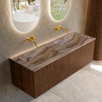 Badmeubel Mondiaz Kurve-Dlux | 130 cm | Meubelkleur Walnut | Wastafelkleur Sombra | Solid surface | Wasbak beide zijden spoelbak | Zonder kraangat(en)
