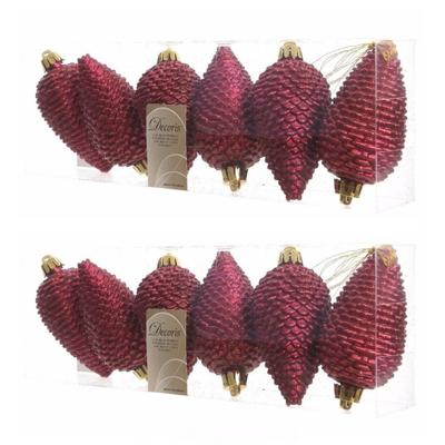 Kersthangers dennenappels - 12x st - donkerrood - glitter - 8 cm - kunststof - kerstversiering