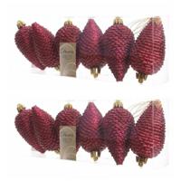 Kersthangers dennenappels - 12x st - donkerrood - glitter - 8 cm - kunststof - kerstversiering