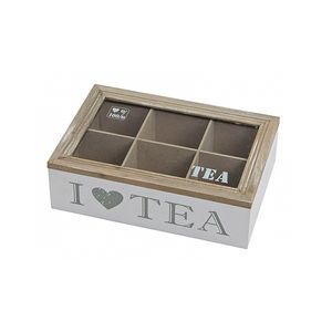 Witte houten theedoos met 6 vakken I love tea