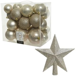 Kerstversiering kunststof kerstballen met piek parel/champagne 6-8-10 cm pakket van 27x stuks