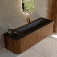 Mondiaz KURVE 145 cm Onderkast Greeploos 1 Lade Met Deuren Walnut, Wastafel Solid Surface Rechts Urban 1 Kraangat Zonder Spiegel (KRVBGL145L1L1D1KR-Wal/Urb)