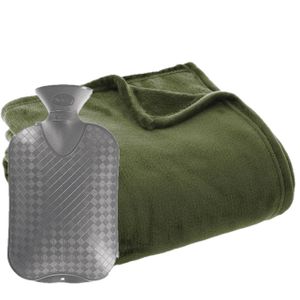 Fleece deken/plaid Olijf Groen 130 x 180 cm en een warmwater kruik 2 liter