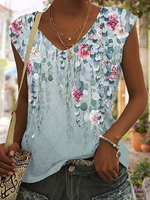 Floral Loose Casual V Neck Tank Top - thumbnail