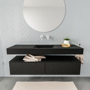 Aqua Splash Badkamermeubel AQS Ibiza 150 cm Twee Soft-Close Lades Solid Surface Wastafel Mat Zwart - Badmeubel Ibiza 150 cm Twee Lades Spoelbak Midden